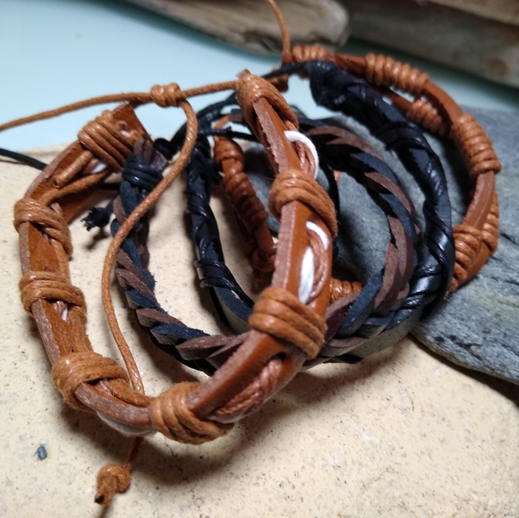 Set 4 Real Leather Adjustable Bracelets - Picture 3 of 3
